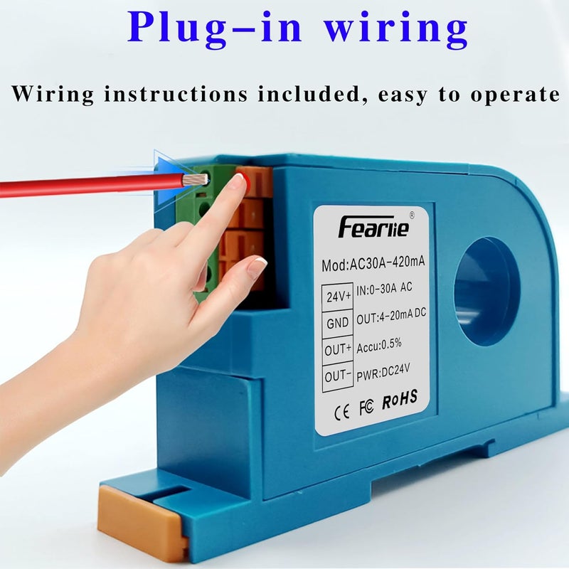 FEARLIE AC Current Transmitter,Hall DC Sensor,Output to PLC or Instrument,High Precision Perforated Sensing Current 0-30V-420mA - Image 5